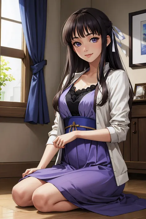 masterpiece, best quality, <lora:migiwakazuha-nvwls-v1-000009:0.9> migiwa kazuha, hair ribbon, purple dress, white jacket, sitting, seiza, indoors, smile, looking at viewer