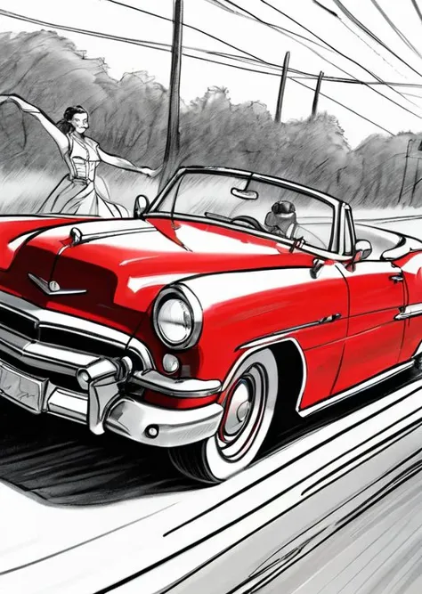 ink line art drawing of couple in classic convertible american car, driving fast on a road, sweeping lines, steampunk vibes, polished metallic red car. ink line art style, realistic, pencil sketch, dutch angle, sketch artstyle, graycale, monochrome,