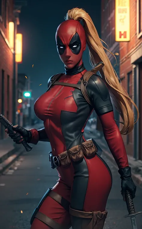 masterpiece, best quality, highres, contrapposto,
BodySuit_lady_deadpool_ownwaifu,
1girl, mask, blonde hair, ponytail, long hair, large breasts, no pupils, 
bodysuit, skin tight, superhero, belt pouch, utility belt, red bodysuit, gloves, weapon on back, th...