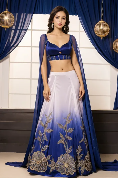 Floral Embroidered Lehenga (skirt) With Fitted Blouse, Draped Scarf