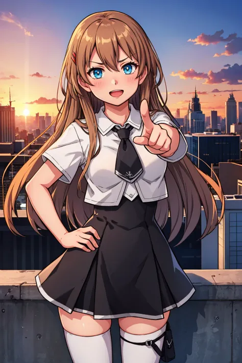 masterpiece, best quality,  <lora:hiiragiasuka-nvwls-v1-000009:0.9> hiiragi asuka, hairpin, white shirt, collared shirt, short sleeves, black necktie, black skirt, white thighhighs, furrowed brow, :D, looking at viewer, pointing at viewer, standing, sunset...