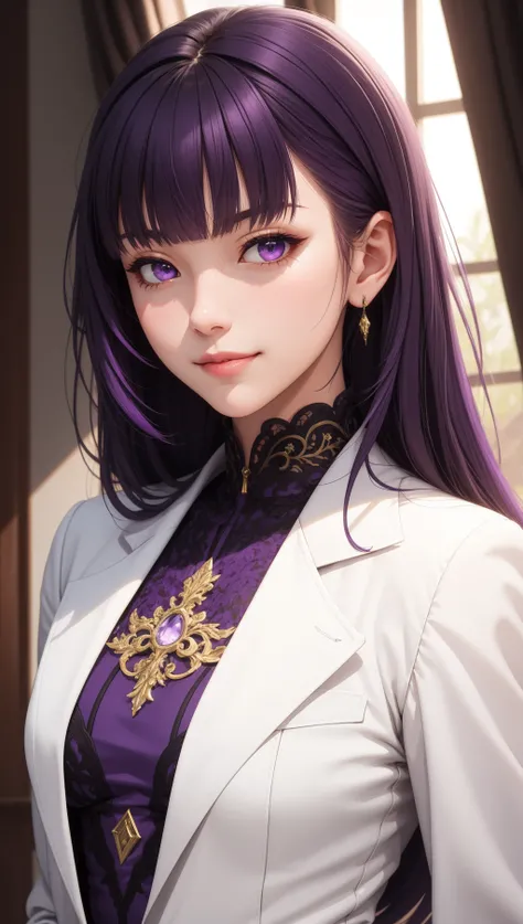 (masterpiece, best quality), intricate details, thin, ((slim)), beautiful girl, purple hair, blunt bangs, light purple eyes, sharp jawline, white coat, long hair, lips, upper body, close up, smirk