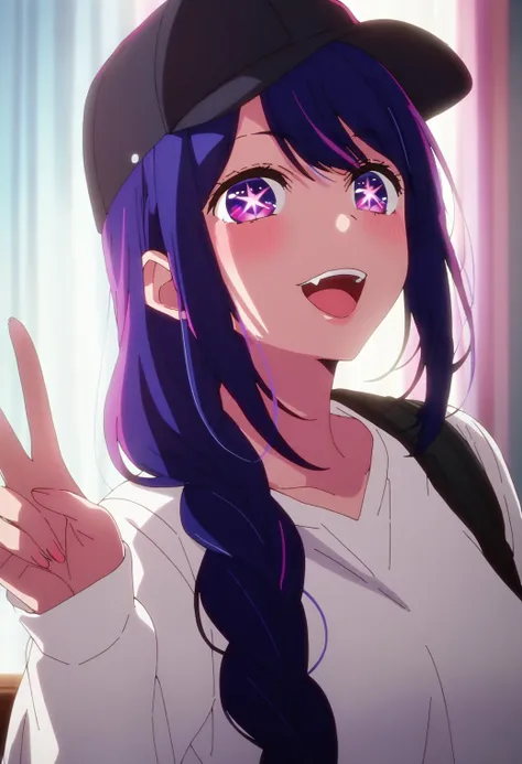 1girl, hoshinoai, solo, <lora:hoshinoai_ponyxl:0.9>, purple hair, purple eyes, long hair, star-shaped pupils, BREAK
white shirt, baseball cap, BREAK
facing viewer, upper body, close-up, fangs, upper teeth only, v, BREAK
score_9, score_8_up, score_7_up, sco...