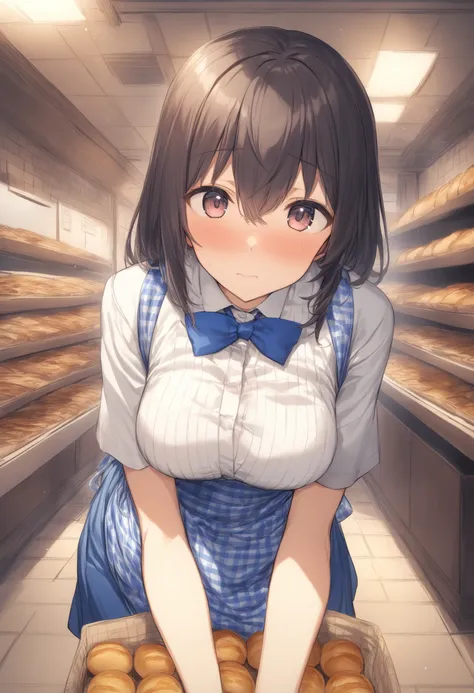 1girl, <lora:sdxl2-flat2-512b:-1>,medium breasts,
<lora:kobeyaXLv1:0.8>,kobeya uniform,blue skirt, blue neckwear, gingham apron, Bakery,
ceiling, wide shot, looking up, embarrassed,  closed mouth,
best quality,medium quality,