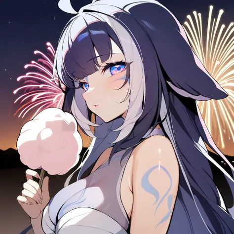 1girl, solo, ShylilyThird, detailed face, detailed eyes, cotton candy in hand, fireworks shoot in distance, upper body,  at night, aesthetic style, masterpiece, best quality <lora:Shylily-000003:1.0>