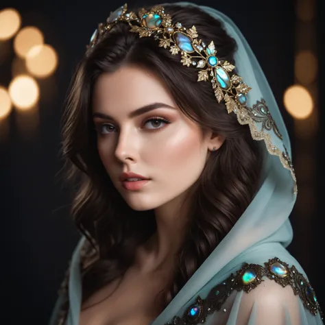 Studio set ,bokeh, Clean, Perfection, East European, artistically Messy hair intricate details, Agfacolor, moody lighting, pale brunette,  (21yo Sensual Foreign Beauty:1.2) Makeup artist, ð¤­, wearing Dreamy Delicate, her Delicate also has a cloak, Black ...