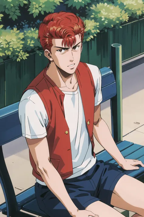 masterpiece,best quality,highres,<lora:Sakuragi Hanamichi1:0.6>,Sakuragi Hanamichi1,Vest,shorts,1boy,solo,red hair,short hair,looking at viewer,park bench,sitting,