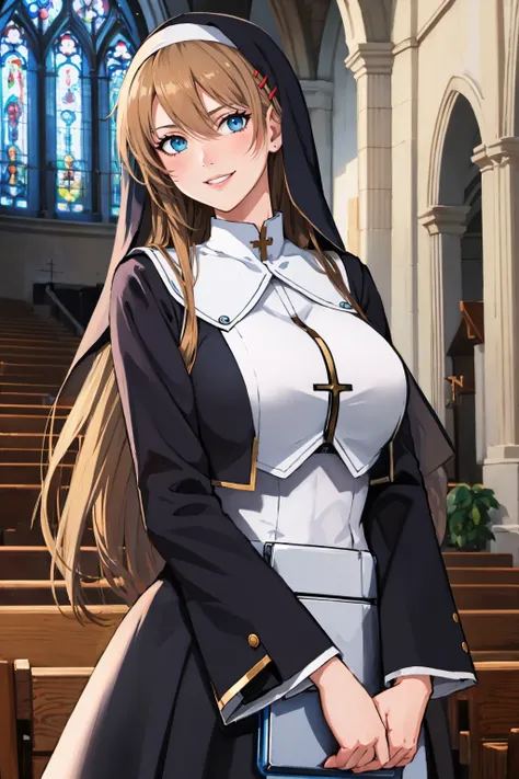 masterpiece, best quality,  <lora:hiiragiasuka-nvwls-v1-000009:0.9> hiiragi asuka, hairpin, nun, habit, large breasts, black dress, church, smile