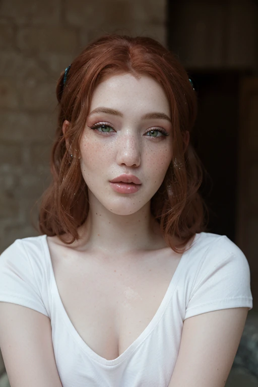 lalyumos, a woman, redhead, ((extremely detailed face)), makeup, ((freckles)), hairstyle, white T-shirt,