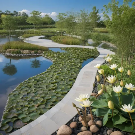 <lora:JJsEcology_Park_XL:1>, ((Ecology Park)),masterpiece , best quality, paving, walkway, paving, tree, grass,bush, rock,river,river bed, water, flower, lamp post, water lily,  reflection, blue sky, cloud,