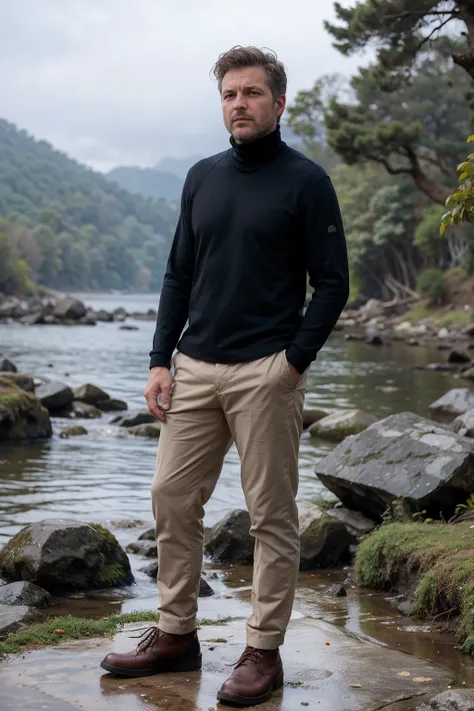 <lora:fic-arthur:1> a man wearing Turtleneck and wool trousers, harbor ,jungle mountains