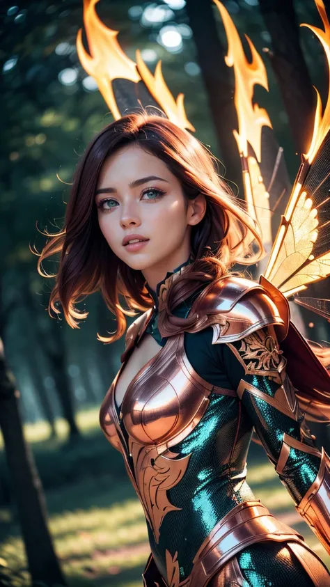 (masterpiece, best quality, highres:1.2), (photorealistic:1.2), (film grain:1.3), (morbid light:1.2), (dynamic angle), raw photo, (1 young cute fire fairy), young, cute, slim, french bob copper hair, silver eyes, in high detailed copper light armor, (refle...