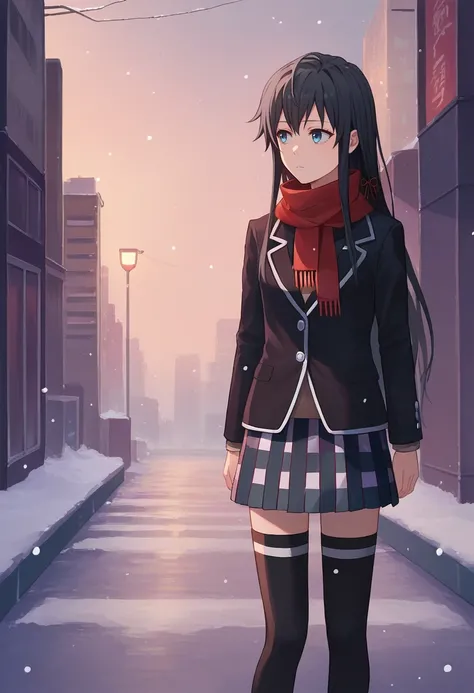 score_9, score_8_up, score_7_up, source_anime, solo, 1girl, yukinoshita yukino, expressionless, looking away, standing, black blazer, red ribbon, plaid skirt, black thighhighs, scarf, snowing, outdoors, city street <lora:oregairu_yukinoshita_ponyXL:1>