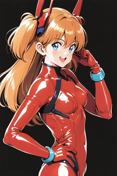 1girl, long hair, plugsuit, bodysuit, souryuu asuka langley, pilot suit, bracer, blue eyes, smile, open mouth, breasts, bangs, turtleneck, solo, cowboy shot, :d, hair between eyes, gloves, (red bodysuit:1.5), small breasts,looking at viewer, headgear, two ...