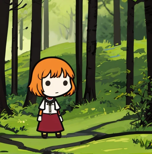 walfas,no nose,standing,1girl,scientist,orange hair,forest background,forest,solo,<lora:walfas-07:1>,