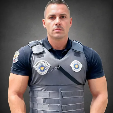 <lora:PoliciaMB_V2:0.7>, badge, bulletproof vest, looking at viewer, male, male focus, manly, photo background, police, police in uniform, policial, policiamb v2, short sleeves, simple background, standing, uniform, brazilian police,