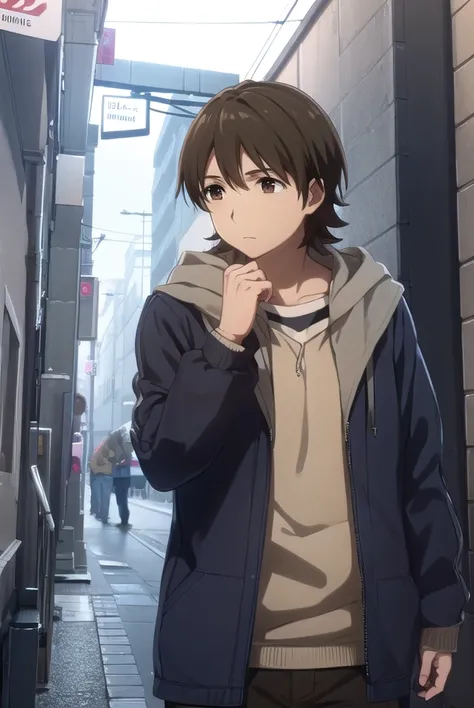 rentaroufutaba, <lora:rentarou futaba s1-lora-nochekaiser:1>,
rentarou futaba, short hair, brown hair, (brown eyes:1.5), male focus,
BREAK long sleeves, jacket, open clothes, hood, open jacket, hoodie, hood down,
BREAK outdoors, city,
BREAK looking at view...