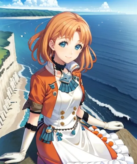 portrait, (adult woman), (1girl, solo), smile, (orange hair), ((coast, bay, cliffs, ocean)), (distant castle on a cliff), ((best quality, high detail)), ((masterpiece)), <lora:Annette_FE:0.7> (annette_war), medium hair, caplet, gloves, dress, <lora:1_Sanku...