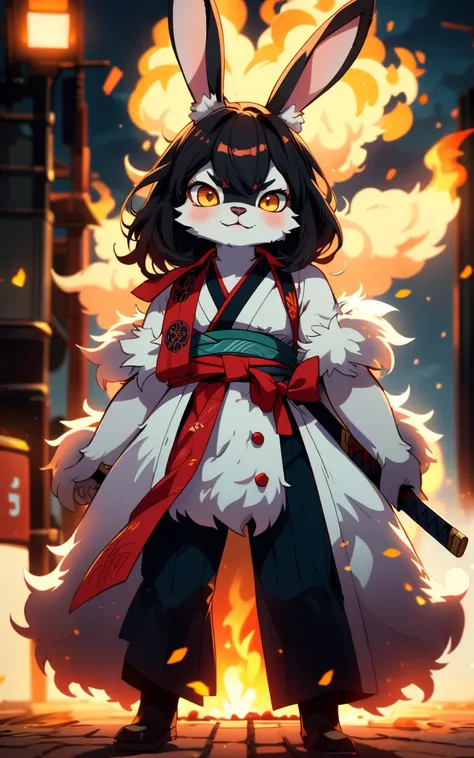 (furry art : anthro : bunny)
(Ultra-HD-details, discreet, emphasized-details, life-size-body, cutesie)
50mm lens
aperture opening of f/4.0
epic closeup of an angry anthro female bunny, (bunny face, bunny paws) fluffy full body fur wearing a samurai outfit,...