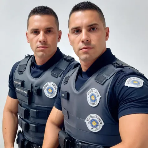 <lora:PoliciaMB_V2:0.75>, 2boys, badge, bulletproof vest, looking at viewer, male, male focus, manly, photo background, police, police in uniform, policial, policiamb v2, short sleeves, simple background, standing, uniform, brazilian uniform police,