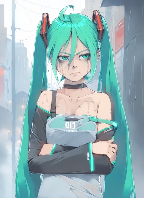 score_9, score_8_up, score_7_up, score_6_up, akinbo_style BREAK
1girl, solo, frown, hatsune miku, hair ornament, aqua eyes, strap slip, off shoulder, ahoge, black choker, frown, half-closed eyes, outdoors, street, rain, gray sky, black shirt, long sleeves,...