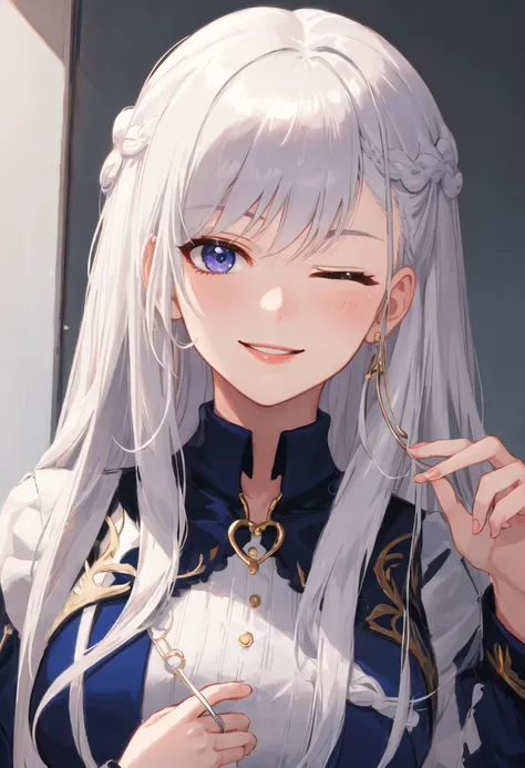 best quality, masterpiece, highres, solo, {belfast_azurlane:0.90}, smile, happy, one_eye_closed, portrait, looking at viewer