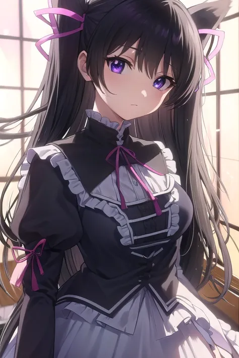 kirayurasakurazuki, <lora:kira yura sakurazuki s1-lora-nochekaiser:1>,
kira yura sakurazuki, long hair, black hair, (purple eyes:1.1), hair ribbon, antenna hair, twintails, (pink ribbon:1.2),
BREAK long sleeves, puffy sleeves, juliet sleeves, frills, dress...