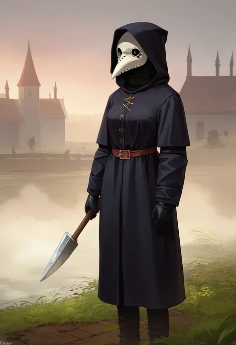 score_9, score_8_up, score_7_up, source_anime, rating_safe, solo, 1girl, plague doctor, mask, standing, hood up, black coat, black gloves, pants, outdoors, medieval, fog <lora:generic_plaguedoctor_xl_ponyXL:1>