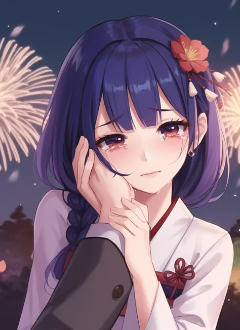 hands on anothers face, hands on anothers cheek, upper body, 1girl, 1boy, evening, night,  fireworks, Japanese clothes,  tears, flower hair ornament,  <lora:hand_on_anothers_cheek_v1:0.8>