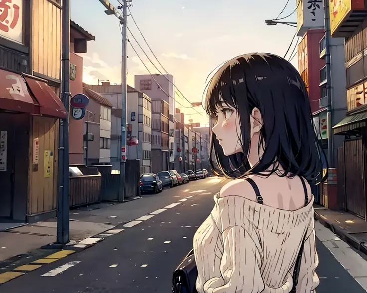 (best quality:1.5), (anime:1.2), 1girl, full body, black hair, bangs, pale skin, slim body, blush, flat chest, skin pores, texture skin, square neck sweater, yellow sweater, vertical striped sweater, bra strap, bare shoulder, jeans, footwear, outdoors, anm...