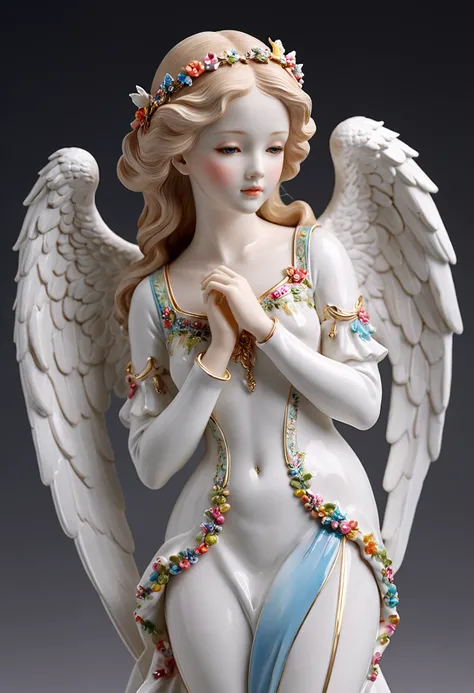 epiCPhoto, Capture the nostalgic essence of a pristine porcelain figurine embodying the simplicity and dreams of a querubin angel,gazes wistfully into the sky, Delicately adorned with subtle yet colorful painting, this piece evokes an era of elegance and l...