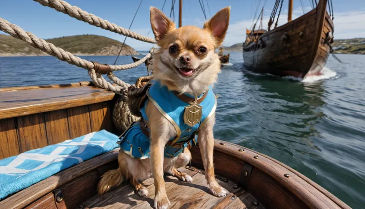 Megan,Chihuahua dressed as a Norse shield maiden jumping out of a long-ship ready to raid and pillage a seaside town,chihuahua,action,shield maiden,Norse,dynamic action,<lora:Megan_1.5:1>,