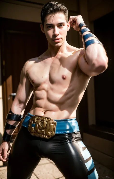 ((best quality)), ((masterpiece)), ((realistic)), (detailed)
muscular male, narrow waist,  Slim waist,    thick eyebrowns,
, nipples,  , ((thin)) , , (sweating,  , swet)
, male focus, brown eyes, sunny day,
MK4, 1boy, short hair, blue wristbands, blue belt...