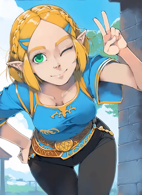 score_9, score_8_up, score_7_up, score_6_up, akinbo_style BREAK
1girl, solo, princess zelda, blue shirt, black tight pants,  green eyes, short hair, crown braid, one eye closed, leaning forward, v, sky, outdoors, looking at viewer, light smile, hand on hip...