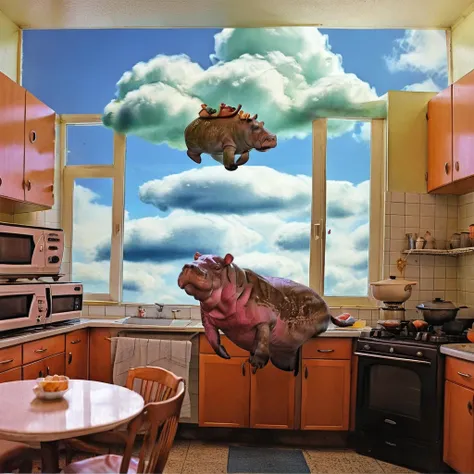 hippopotamus in a 1963 kitchen,  clouds, high quality color art print, collage, mixed media, ctpst <lora:ctpst-000013:0.9>  <lora:add-detail-xl:0.6>