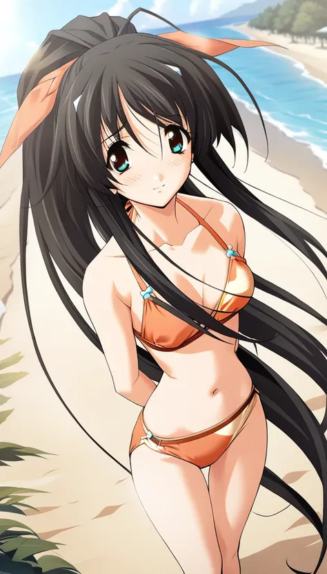 1girl,Misasagi Inori, hairclip, orange swimsuit,blush,shy, light smile,ponytail, orange bikini, full body,sandals, seaside,arms behind back,navel, hair ribbon,masterpiece,solo, best quality, game cg,(illustration:1.2),(extremely fine and beautiful),(perfec...