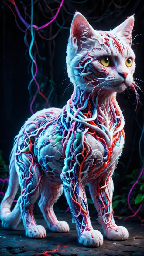 aporwave neon theme, yamer_veins, veins, mythical beast, white cat, neon, colorful glow, bright and colorful, vibrant, guro, surreal, strange, (realistic photography) <lora:Veins_XL:1>