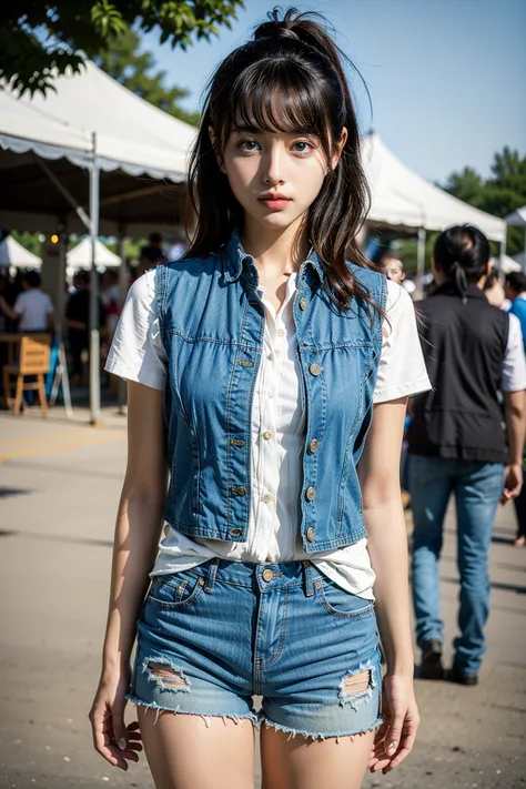 (Festival_fringe_vest:1.4),(Ripped_denim_shorts:1.3),(Cowboy_boots:1.2),