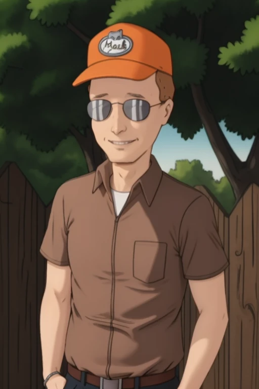 <lora:Dale Gribble - King of the Hill - 1997 - V1:0.85> Dale_Gribble, Orange_mack_track_tracker_hat, sunglasses, brown shirt, white undershirt, dirty blonde hair, smile, anime style, 8k, RAW photo, best quality, ultra high res, photorealistic, masterpiece,...