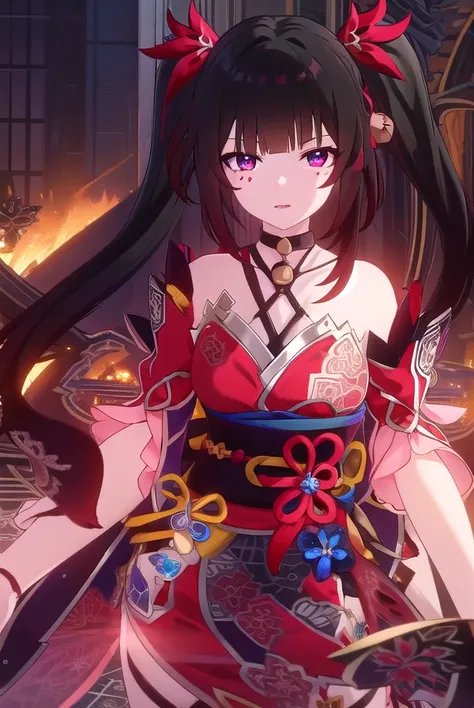 honkaisparkle, <lora:honkai sparkle ingame-lora-nochekaiser:1>,
sparkle, long hair, bangs, black hair, hair ornament, twintails, (red eyes:1.3), bell, mask, mask on head, fox mask, smile,
BREAK dress, bare shoulders, japanese clothes, sash, tattoo, red dre...