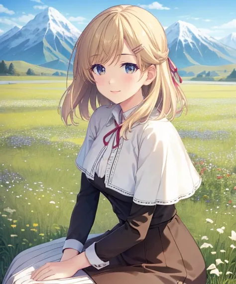 portrait, (adult woman), sitting, picking flowers, (1girl, solo), smile, (blonde hair), ((field, rolling hills)), (distant mountains), ((best quality, high detail)), ((masterpiece)), hairclip, cape, <lora:1_k-ko_15e:1>