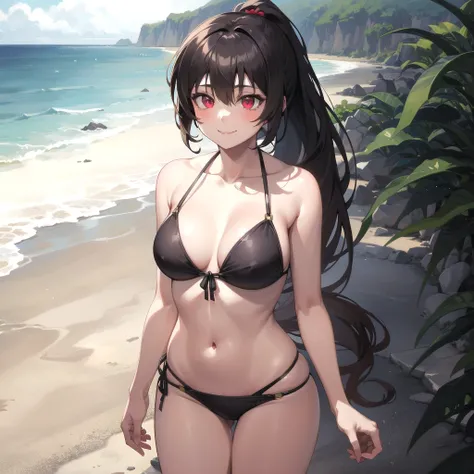 masterpiece, best quality,   1girl, solo,  smile, standing, red eyes, brown hair, long hair, ponytail, black bikini, beach, <lora:Carmen:1>