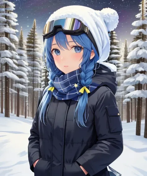 (adult woman), (1girl, solo), (looking at viewer), (ski goggles, goggles on head), (ski cap, ski coat, scarf), (blue hair, braid), (grey eyes), ((trees, slope)), (night, stars), (best quality, high detail), ((masterpiece)), <lora:1_ng_10e:1>