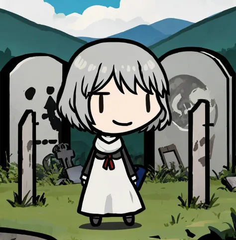 walfas,no nose,standing,1girl,grey hair,happy,solo,graveyard,<lora:walfas-07:1>,