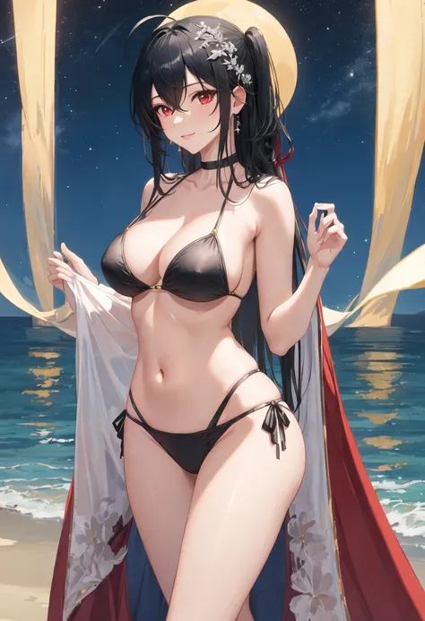 best quality, masterpiece, highres, solo, {taiho_azurlane:0.90}, {night:1.10}, {starry sky:1.10}, beach, beautiful detailed sky, {extremely detailed background:1.20}, {standing:1.10}, looking at viewer, {bikini:1.30}, light smile