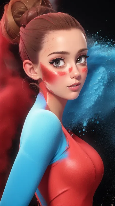 <lora:sexy-french:1> brown updo hair, brown eyes, full lips, deep blue powder and red powder splashes on background, high qualit...