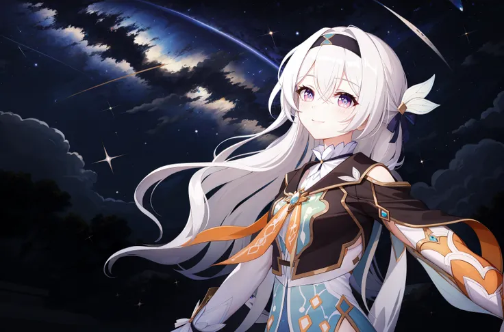 1girl,a girl named liuying,liuying,long sleeves,long hair,high quality,black hairband,(purple eyes:0.6),light smile,grey hair,bare legs,<lora:æµè¤21-000011:0.65:lbw=char>,
milky way,moon,night,night sky,outdoors,planet,purple eyes,shooting star,sky,smile...