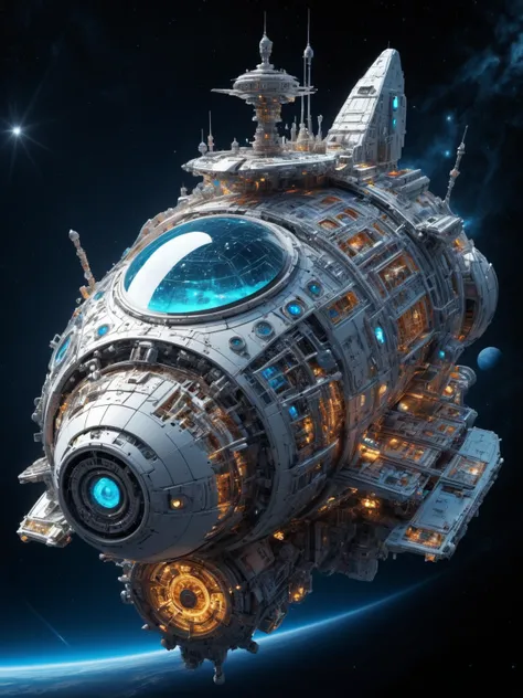 intricate vivid 3D render with tiny miniscule details of spaceship, the ship is covered in small structures called greebles, the photo is sharp and has natural film grain, sharpened by Omnissiah, the starship is mechanical and works with gears and cables, ...