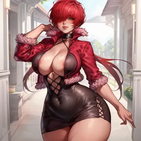 (masterpiece, best quality:1.3), SashaKHMEL, Soft Shading, Pastel Style, 1girl, solo, looking at viewer, wide hips, cowboy shot, large breasts, mature female, closed mouth, seductive smile, thick thighs, <lora:add_detail:.5>,  <lora:SashaKHMEL Style Lora:1...