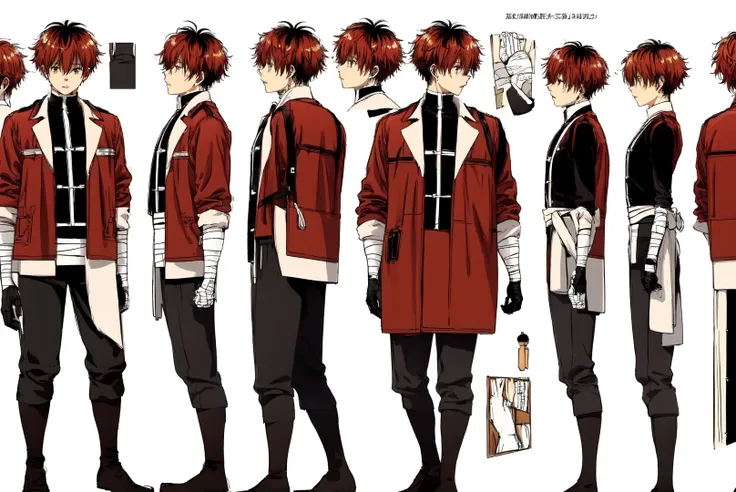 masterpiece, best quality, absurdres, 1boy, solo, 
<lora:Stark:1>StarkFrieren, red jacket, black shirt, white sash, black pants, bandages, gloves, wide shot, 
 <lora:ConceptArt:1>, (info reference sheet:1.5),